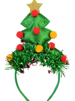 Fashion Christmas Warehouse Green Christmas Tree Headband With Tinsel, Balls & Star - One Size Fits Most