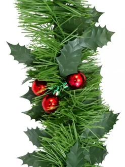 Cheap Christmas Warehouse Holly Leaf & Red Metallic Berry Clusters Pine Christmas Tinsel Garland - 5M