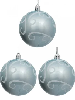 Sale Christmas Warehouse Ice Blue Metallic Christmas Baubles With White Glitter Swirl Patterns - 3 X 80Mm