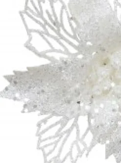Hot Christmas Warehouse Iridescent Glitter Petal & Leaf Poinsettia Christmas Flower Pick - 18Cm