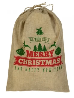 Cheap Christmas Warehouse Jute We Wish You A Merry Christmas & Happy New Year Gift Santa Sack - 55Cm