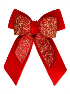 Sale Christmas Warehouse Large Red Felt Double Bow With Gold Glitter Pattern Display Decoration - 48Cm