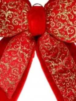 Sale Christmas Warehouse Large Red Felt Double Bow With Gold Glitter Pattern Display Decoration - 48Cm