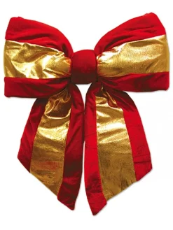 Hot Christmas Warehouse Large Red Velvet Bow With Shiny Gold Stripe Display Decoration - 45Cm