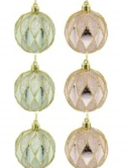 Store Christmas Warehouse Light Pink & Green Geometric Shiny & Glittered Christmas Baubles - 6 X 60Mm