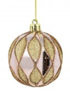 Clearance Christmas Warehouse Light Pink Christmas Baubles With Gold Geometric Textured Pattern - 6 X 60M