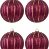 Discount Christmas Warehouse Matte & Shiny Burgundy Baubles With Antique Finish & Glitter Lines - 4 X 10Cm