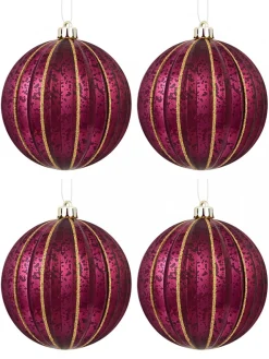 Discount Christmas Warehouse Matte & Shiny Burgundy Baubles With Antique Finish & Glitter Lines - 4 X 10Cm