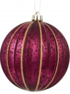 Discount Christmas Warehouse Matte & Shiny Burgundy Baubles With Antique Finish & Glitter Lines - 4 X 10Cm
