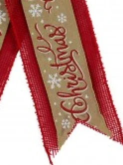 Discount Christmas Warehouse Merry Christmas On Natural & Red Hessian Christmas Bow Decoration - 35Cm