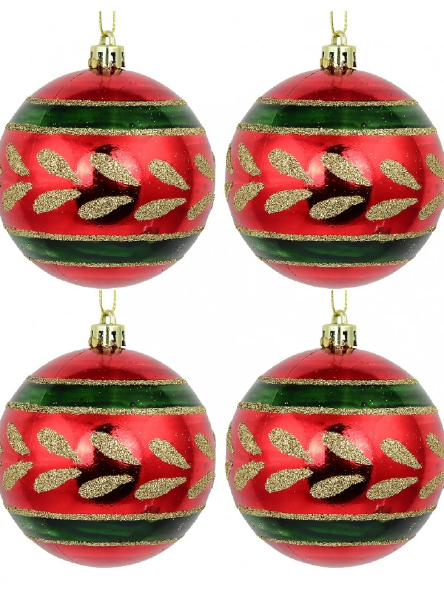 Flash Sale Christmas Warehouse Metallic Red Christmas Baubles With Gold Glitter & Green Patterns - 4 X 80Mm