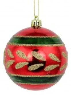 Flash Sale Christmas Warehouse Metallic Red Christmas Baubles With Gold Glitter & Green Patterns - 4 X 80Mm