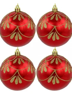 Flash Sale Christmas Warehouse Metallic Red Christmas Baubles With Gold Glitter Ornate Design - 4 X 80Mm