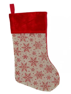 Outlet Christmas Warehouse Natural Burlap With Glittered Snowflakes Pattern Christmas Stocking - 42Cm