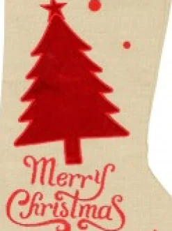 New Christmas Warehouse Natural Burlap With Merry Christmas & Tree Design Christmas Stocking - 42Cm