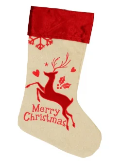 Cheap Christmas Warehouse Natural Burlap With Merry Christmas & Deer Design Christmas Stocking - 42Cm