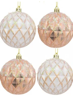 Flash Sale Christmas Warehouse Pearlised Rose Gold & White Textured Baubles With Glitter & Sequins - 4 X 80Mm