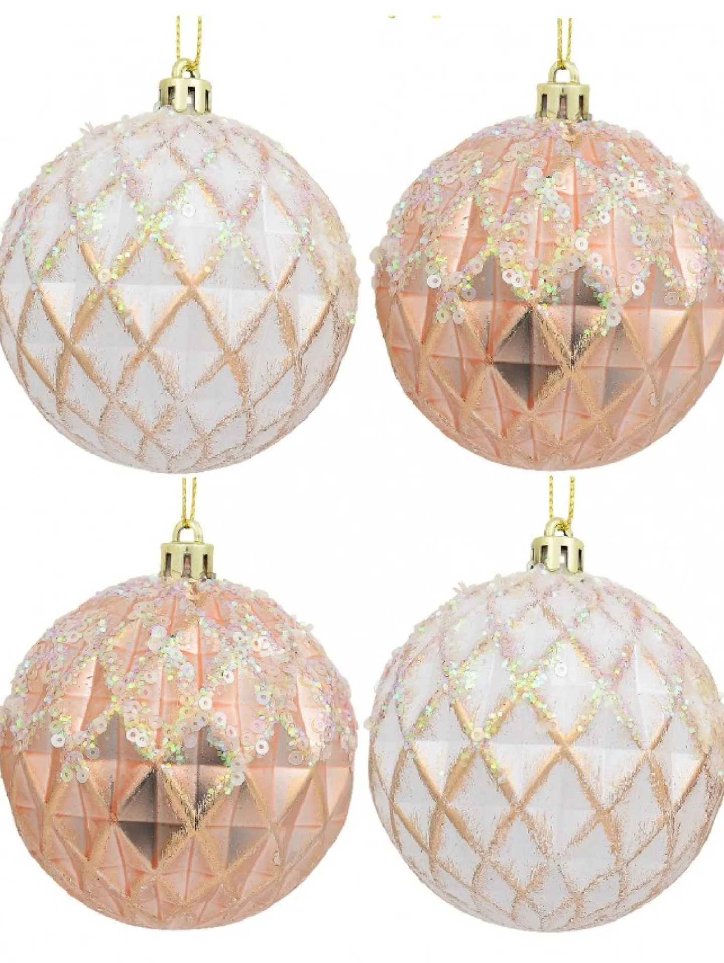 Flash Sale Christmas Warehouse Pearlised Rose Gold & White Textured Baubles With Glitter & Sequins - 4 X 80Mm