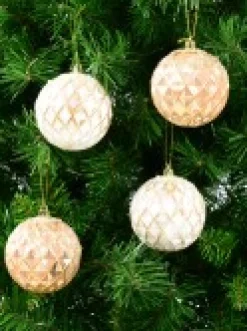 Flash Sale Christmas Warehouse Pearlised Rose Gold & White Textured Baubles With Glitter & Sequins - 4 X 80Mm
