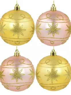 Best Christmas Warehouse Pink & Gold Christmas Baubles With Gold Glitter Stars & Swirls - 4 X 80Mm