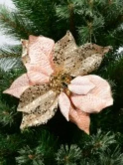 Shop Christmas Warehouse Pink & Gold Two Petal Style Poinsettia Decorative Christmas Flower Pick - 28Cm