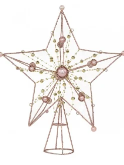 Clearance Christmas Warehouse Pink Glittered 3D Star With String Beads & Pearls Tree Topper Decoration - 33Cm