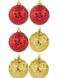 Fashion Christmas Warehouse Red & Gold Crackle Effect Christmas Baubles With Sequins Design - 6 X 60Mm