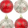 New Christmas Warehouse Red & Pearl Christmas Baubles With Glitter Leaves & Dots Pattern - 4 X 80Mm