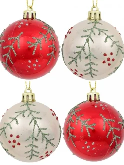 New Christmas Warehouse Red & Pearl Christmas Baubles With Glitter Leaves & Dots Pattern - 4 X 80Mm