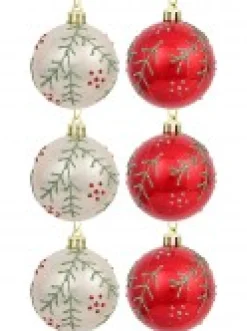Clearance Christmas Warehouse Red & Pearl Christmas Baubles With Glittered Leaves & Dots Pattern - 6 X 60Mm