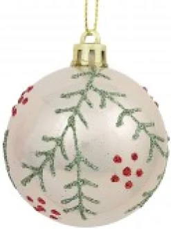 Clearance Christmas Warehouse Red & Pearl Christmas Baubles With Glittered Leaves & Dots Pattern - 6 X 60Mm