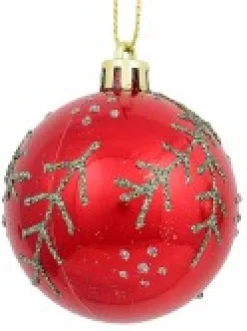 Clearance Christmas Warehouse Red & Pearl Christmas Baubles With Glittered Leaves & Dots Pattern - 6 X 60Mm