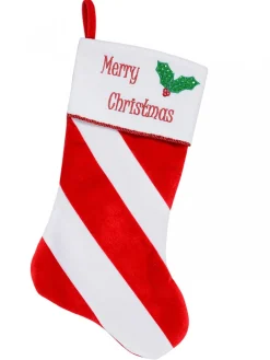 Hot Christmas Warehouse Red & White Stripe With Font & Holly Applique Velvet Christmas Stocking - 48Cm