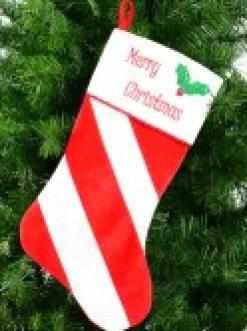 Hot Christmas Warehouse Red & White Stripe With Font & Holly Applique Velvet Christmas Stocking - 48Cm
