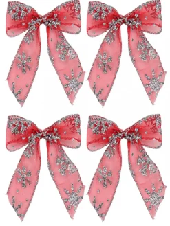 Best Sale Christmas Warehouse Red Christmas Tree Bow Decorations With Silver Glitter Snowflakes - 6 X 12Cm