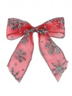 Best Sale Christmas Warehouse Red Christmas Tree Bow Decorations With Silver Glitter Snowflakes - 6 X 12Cm