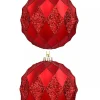 Outlet Christmas Warehouse Red Diamond Pattern Textured Large Christmas Baubles With Glitter - 2 X 15Cm