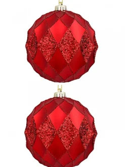 Outlet Christmas Warehouse Red Diamond Pattern Textured Large Christmas Baubles With Glitter - 2 X 15Cm