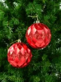 Outlet Christmas Warehouse Red Diamond Pattern Textured Large Christmas Baubles With Glitter - 2 X 15Cm