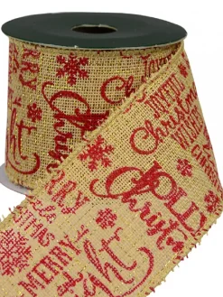 New Christmas Warehouse Red Font On Natural Burlap Look Fabric & Edging Christmas Ribbon - 3M