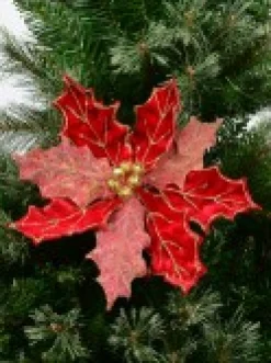 Hot Christmas Warehouse Red Glitter Felt Two Petal Style Poinsettia Christmas Flower Pick - 28Cm