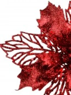 Online Christmas Warehouse Red Glitter Petal & Leaf Poinsettia Decorative Christmas Flower Pick - 18Cm