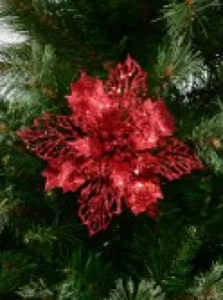 Online Christmas Warehouse Red Glitter Petal & Leaf Poinsettia Decorative Christmas Flower Pick - 18Cm