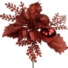 Hot Christmas Warehouse Red Glitter Poinsettia & Holly Leaf Decorative Christmas Flower Pick - 15Cm