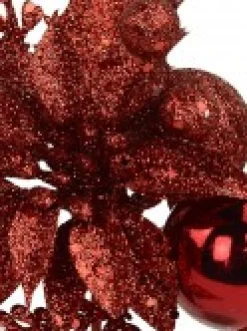 Hot Christmas Warehouse Red Glitter Poinsettia & Holly Leaf Decorative Christmas Flower Pick - 15Cm