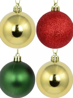 Shop Christmas Warehouse Red Glittered, Green Matte & Gold Metallic Christmas Baubles - 12 X 60Mm