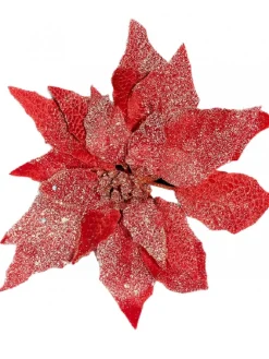 Sale Christmas Warehouse Red Glittered Velvet Poinsettia Decorative Christmas Flower Pick - 28Cm