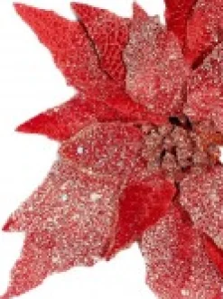 Sale Christmas Warehouse Red Glittered Velvet Poinsettia Decorative Christmas Flower Pick - 28Cm