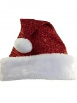Hot Christmas Warehouse Red Glittered With Fluffy White Trim Traditional Santa Hat - One Size Fits Most