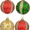 Cheap Christmas Warehouse Red, Green & Gold Baubles With Gold Filigree Pattern & Thick Stripe - 6 X 60Mm
